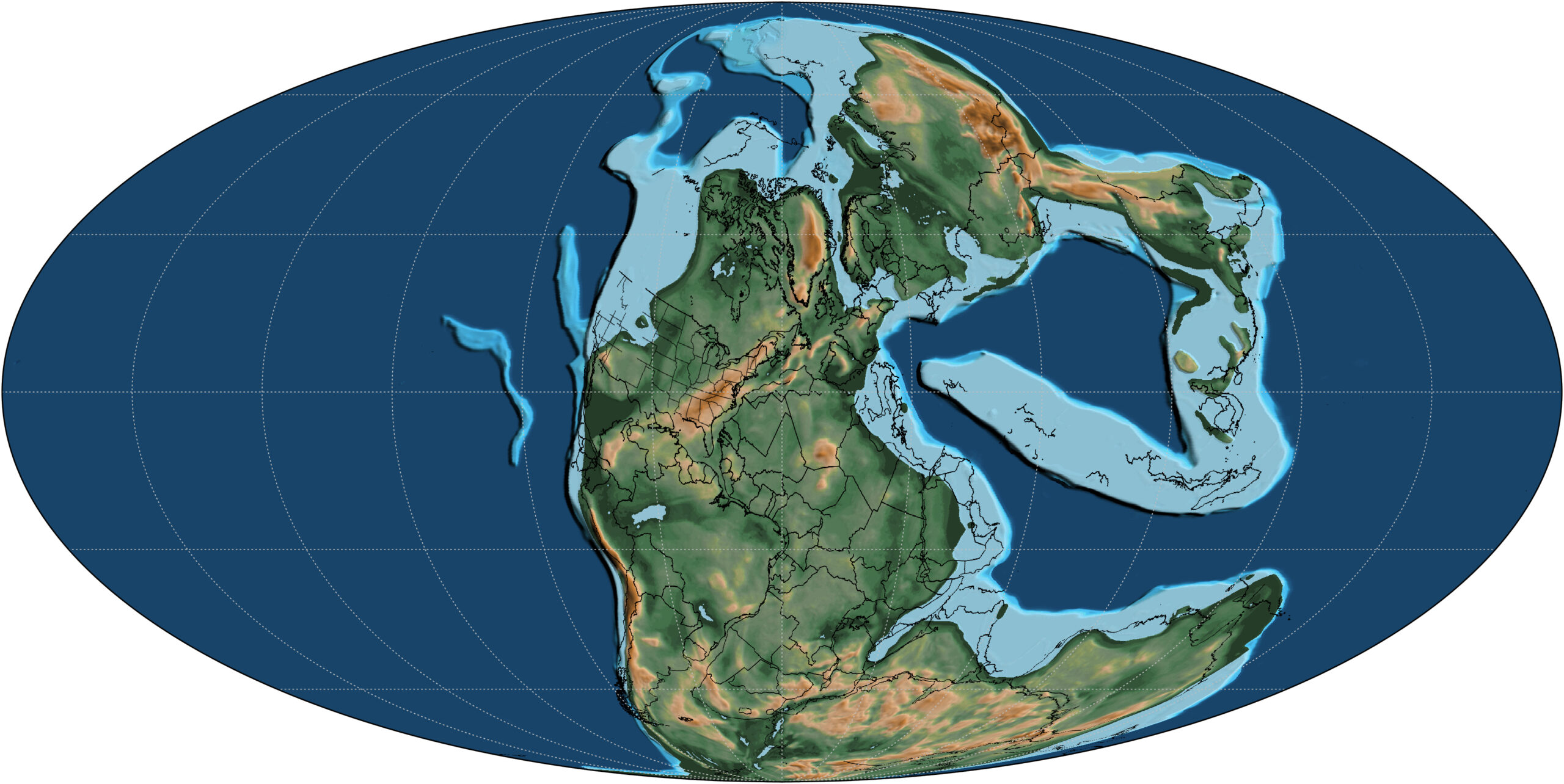 una forma ovale blu rappresenta la Terra 250 milioni di anni fa, mostrando il supercontinente Pangea che si estende da polo a polo