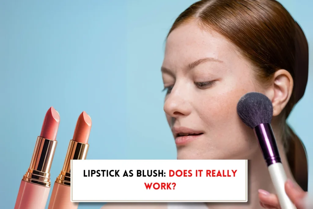 Donna, pennello per trucco, due rossetti e testo "Puoi usare il rossetto come blush?"